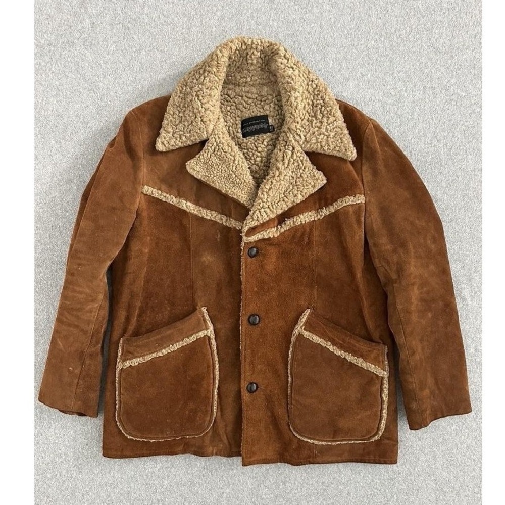 Vintage Western Ranch Coat Mens 42 Regular Reynolds Brown Suede Sherpa Lined